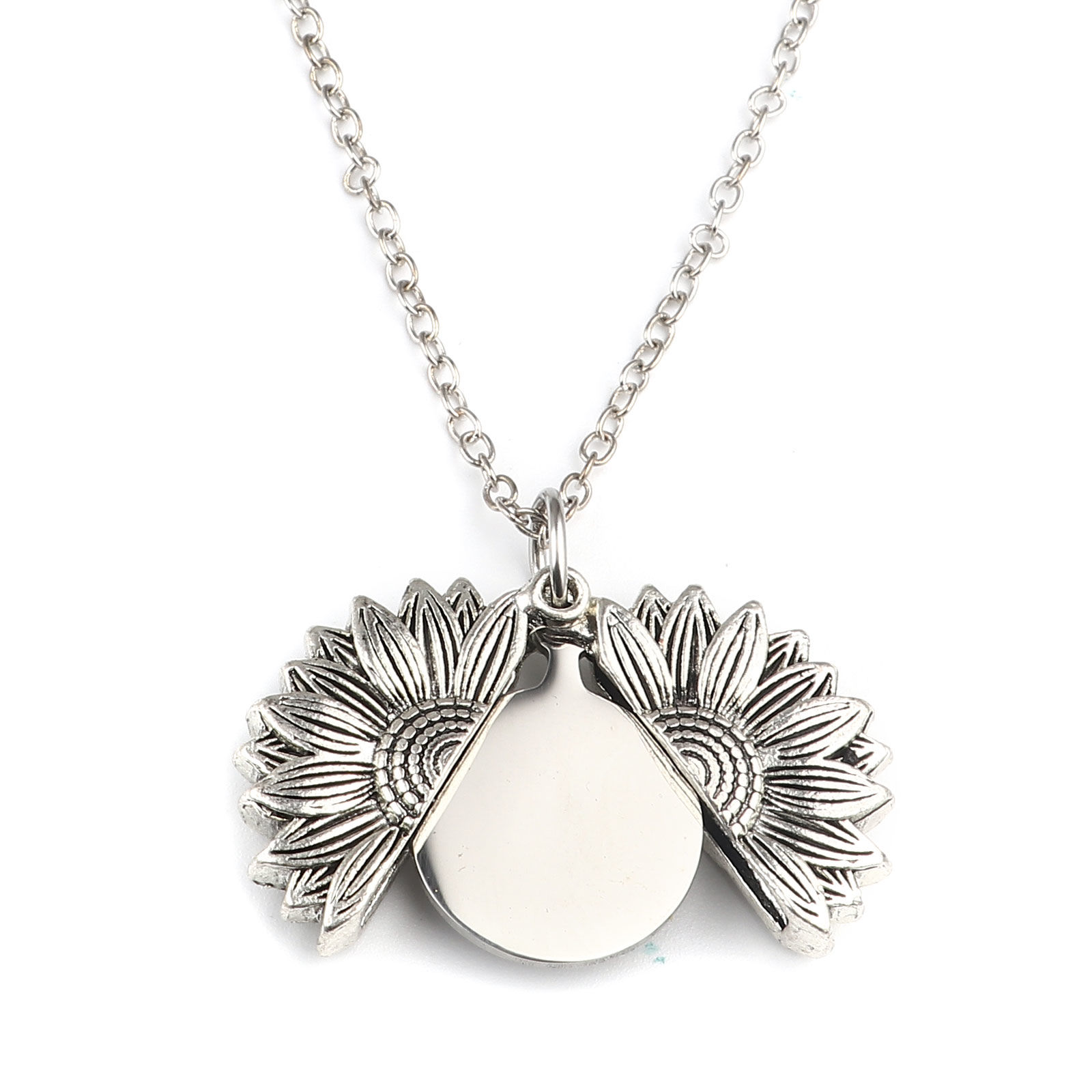 Picture of Stainless Steel Link Cable Chain Findings Necklace Antique Silver Color Round Sunflower Can Open Customized Engraving 52cm(20 4/8") long, 1 Piece