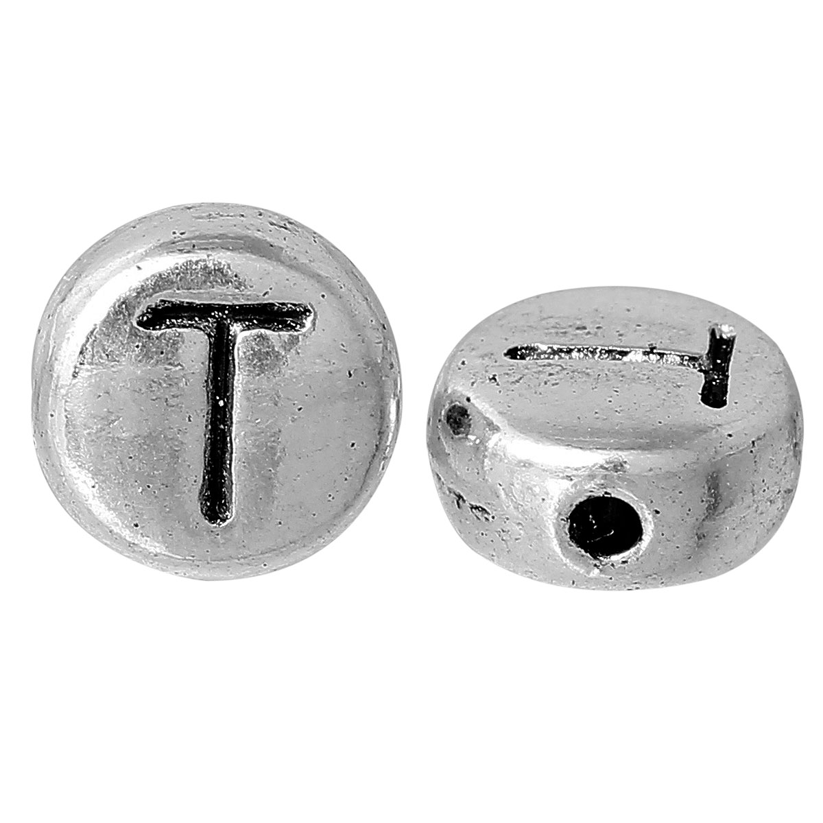 Picture of Spacer Beads Round Antique Silver Color Letter "T" Pattern Carved About 7mm Dia, Hole:Approx 1.2mm, 100 PCs