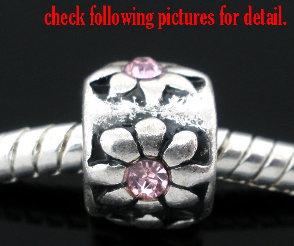 Picture of 10 PCs Zinc Based Alloy European Style Large Hole Charm Beads Antique Silver Color Round Flower Light Pink Rhinestone 10mm Dia., Hole: Approx 4.5mm