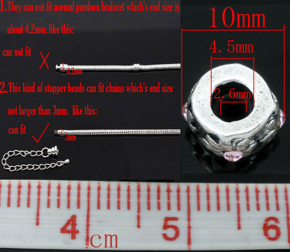 Picture of 10 PCs Zinc Based Alloy European Style Large Hole Charm Beads Antique Silver Color Round Flower Light Pink Rhinestone 10mm Dia., Hole: Approx 4.5mm