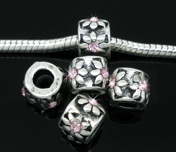 Picture of 10 PCs Zinc Based Alloy European Style Large Hole Charm Beads Antique Silver Color Round Flower Light Pink Rhinestone 10mm Dia., Hole: Approx 4.5mm