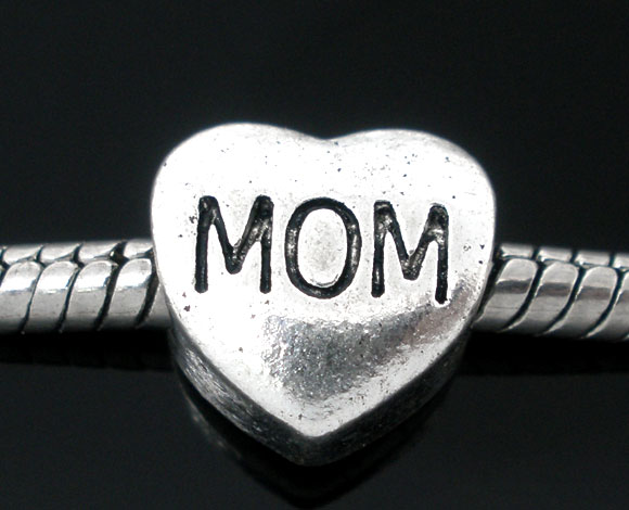Picture of 20 PCs Zinc Based Alloy Mother's Day European Style Large Hole Charm Beads Antique Silver Color Heart Message " Mom " 11mm x 11mm, Hole: Approx 4.5mm