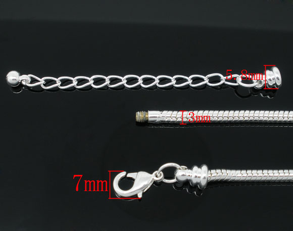 Picture of Copper European Style Snake Chain Charm Bracelets Silver Plated W/ Lobster Claw Clasp And Extender Chain For Kids/ Children 17cm long, 4 PCs