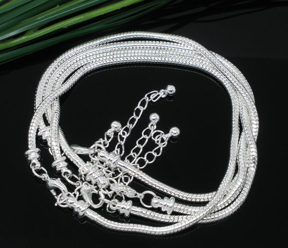 Picture of Copper European Style Snake Chain Charm Bracelets Silver Plated W/ Lobster Claw Clasp And Extender Chain For Kids/ Children 17cm long, 4 PCs