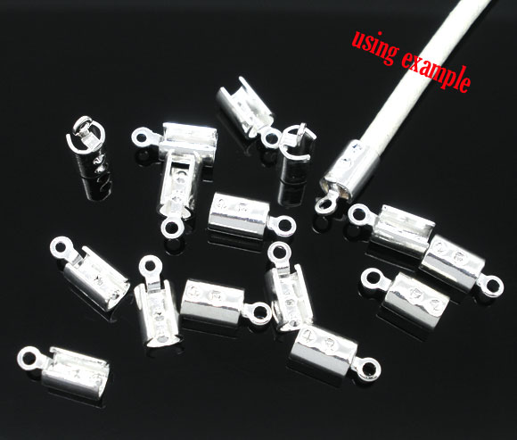 Picture of 200 PCs Brass End Caps For Necklace Bracelet Jewelry Making Cylinder Silver Plated (Fits 3mm Cord) 10mm x 4mm