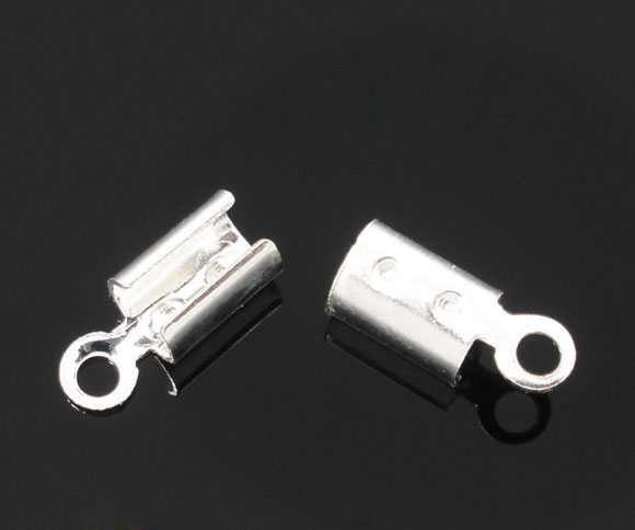 Picture of 300 PCs Brass End Caps For Necklace Bracelet Jewelry Making Cylinder Silver Plated (Fits 2mm Cord) 8mm x 3mm