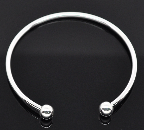 Picture of Copper European Style Open Cuff Charm Bangles Bracelets Silver Plated W/ Ball 18cm long, 4 PCs