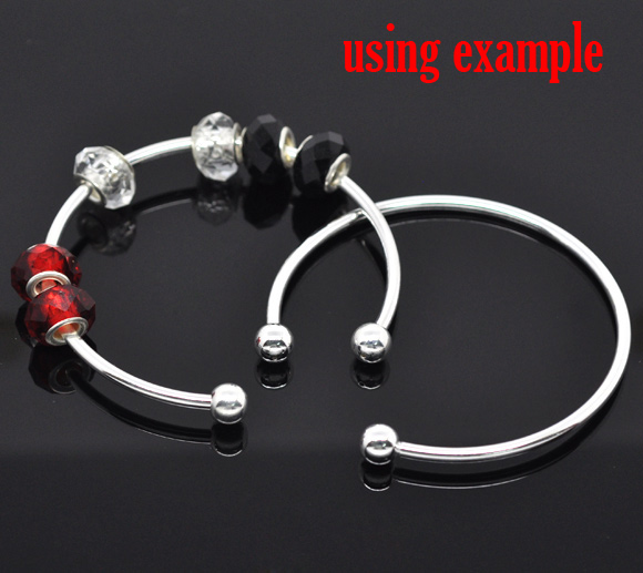 Picture of Copper European Style Open Cuff Charm Bangles Bracelets Silver Plated W/ Ball 18cm long, 4 PCs