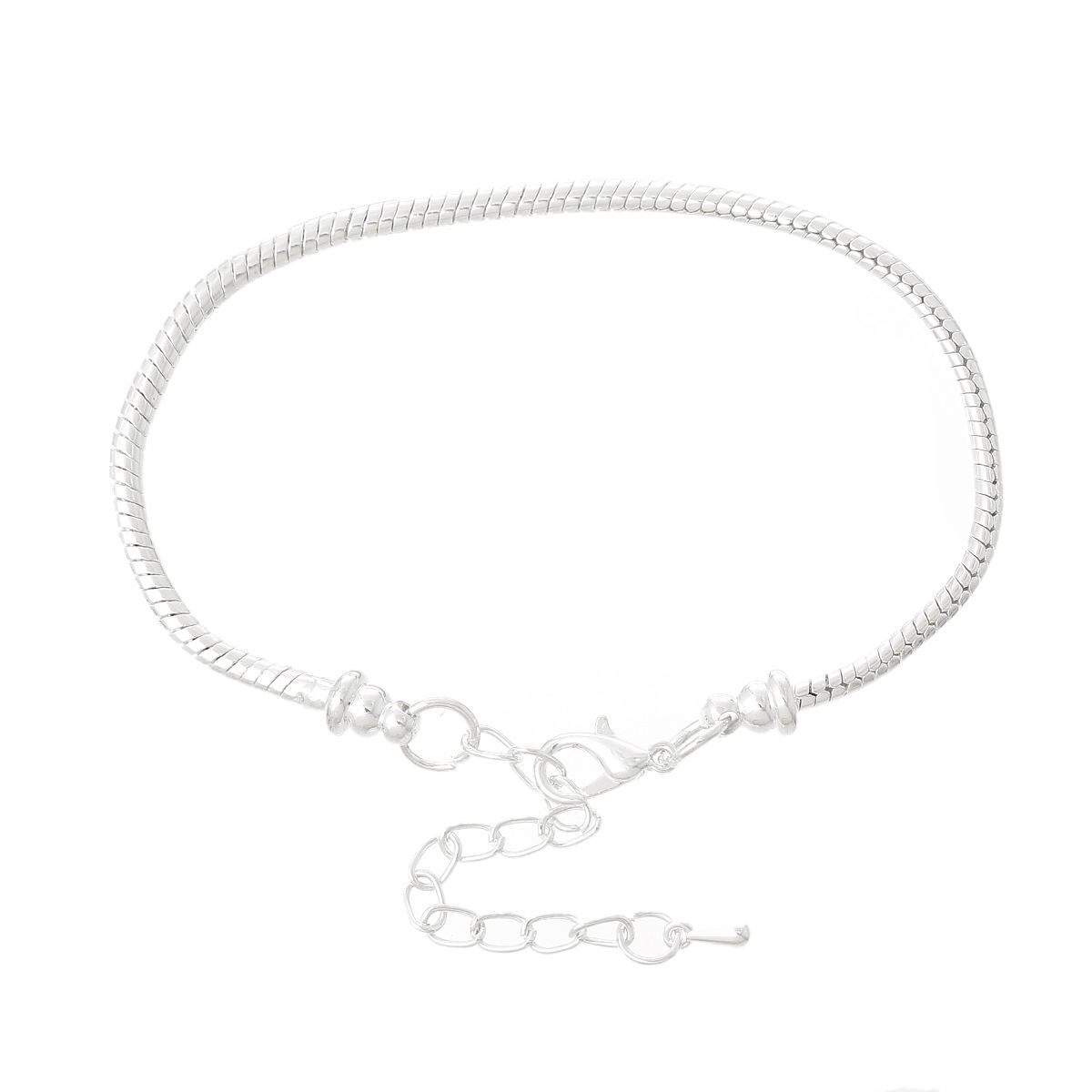 Picture of Copper European Style Snake Chain Charm Bracelets Silver Plated W/ Lobster Claw Clasp And Extender Chain 19cm long, 4 PCs