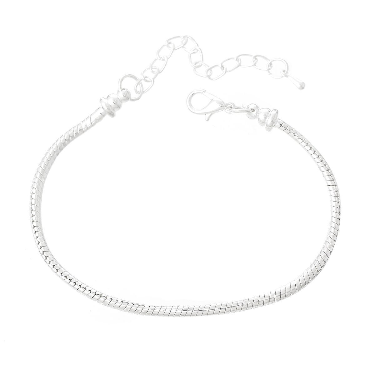Picture of Copper European Style Snake Chain Charm Bracelets Silver Plated W/ Lobster Claw Clasp And Extender Chain 19cm long, 4 PCs