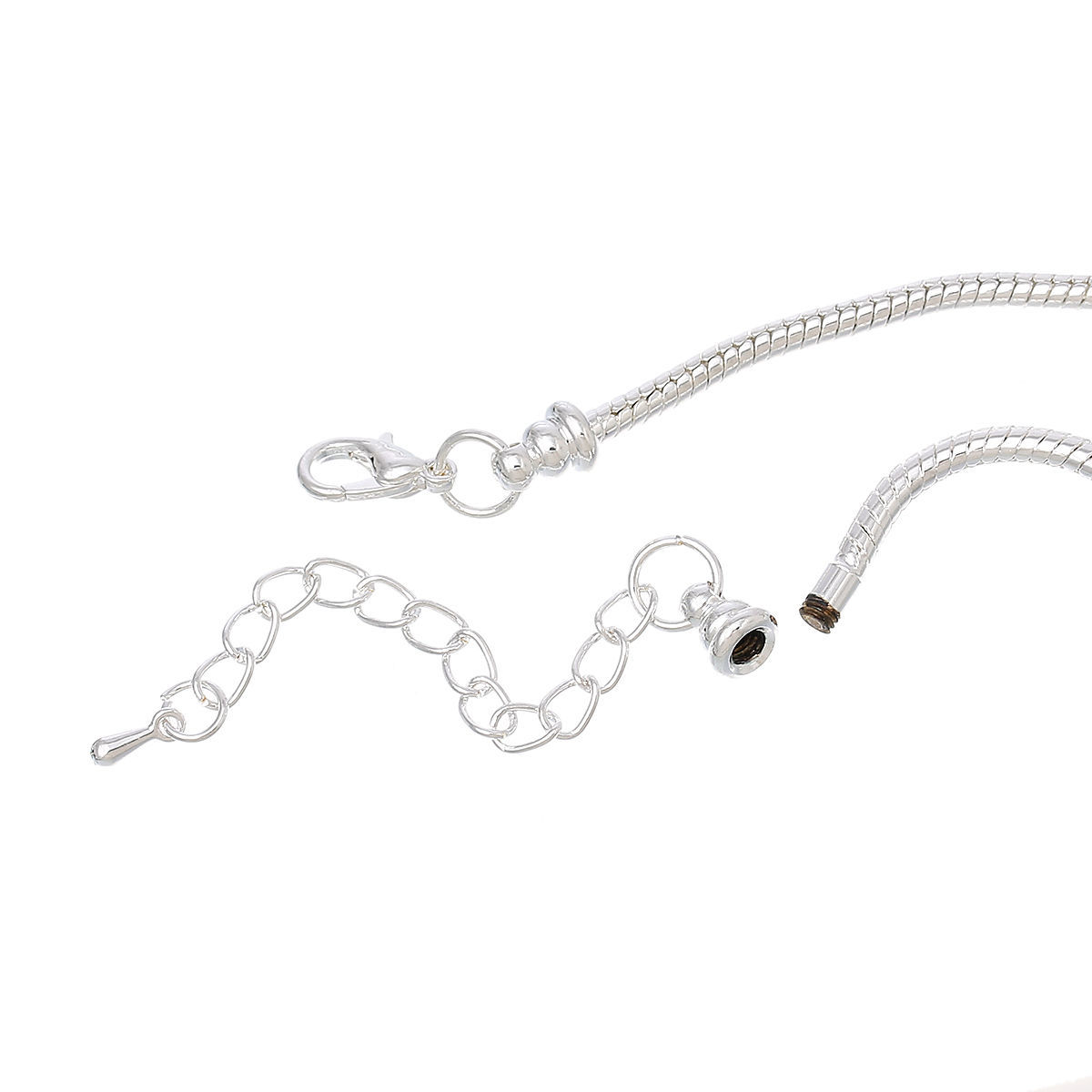 Picture of Copper European Style Snake Chain Charm Bracelets Silver Plated W/ Lobster Claw Clasp And Extender Chain 19cm long, 4 PCs
