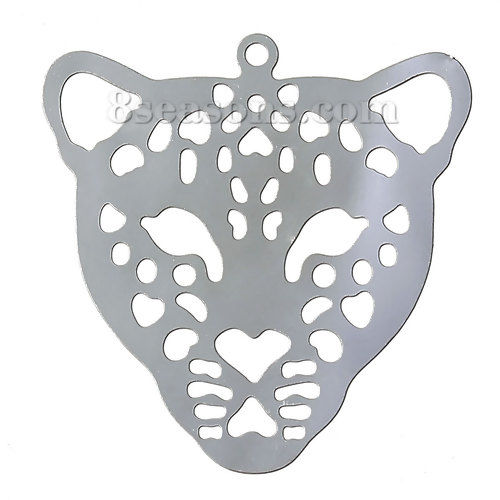Picture of 304 Stainless Steel Filigree Stamping Pendants Leopard Animal Head Silver Tone Hollow 30mm(1 1/8") x 29mm(1 1/8"), 10 PCs