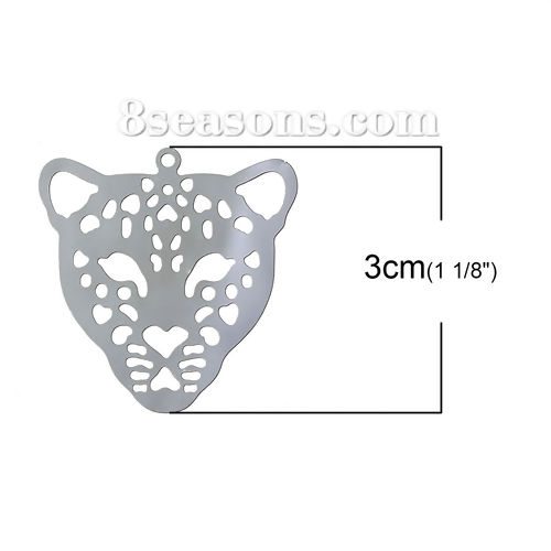 Picture of 304 Stainless Steel Filigree Stamping Pendants Leopard Animal Head Silver Tone Hollow 30mm(1 1/8") x 29mm(1 1/8"), 10 PCs