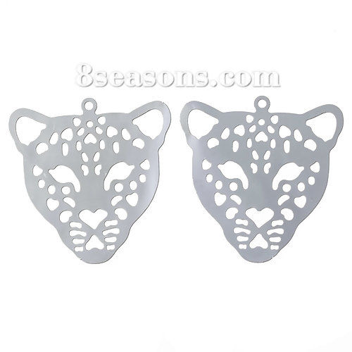 Picture of 304 Stainless Steel Filigree Stamping Pendants Leopard Animal Head Silver Tone Hollow 30mm(1 1/8") x 29mm(1 1/8"), 10 PCs