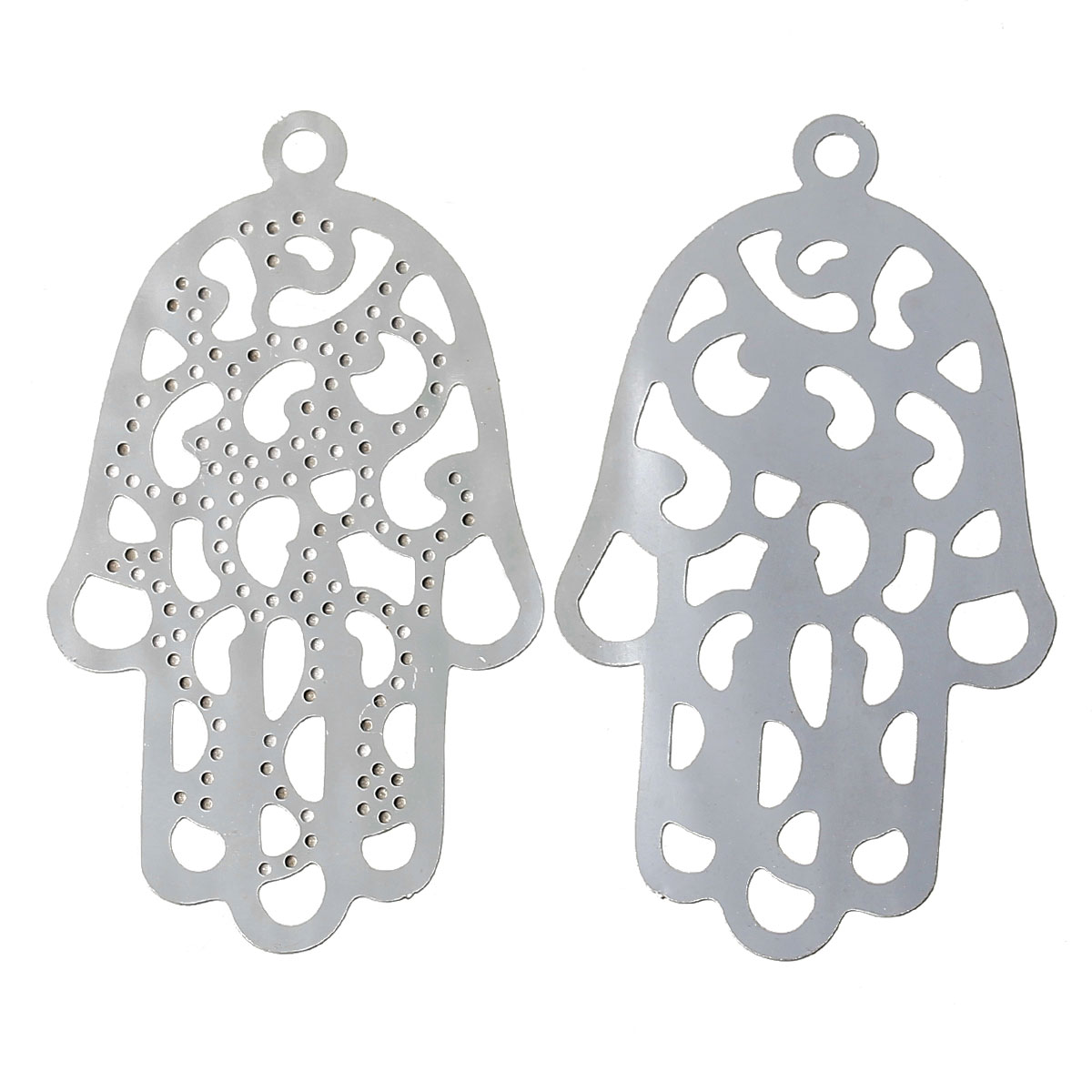 Picture of 304 Stainless Steel Filigree Stamping Pendants Hamsa Symbol Hand Silver Tone Hollow 48mm(1 7/8") x 28mm(1 1/8"), 10 PCs