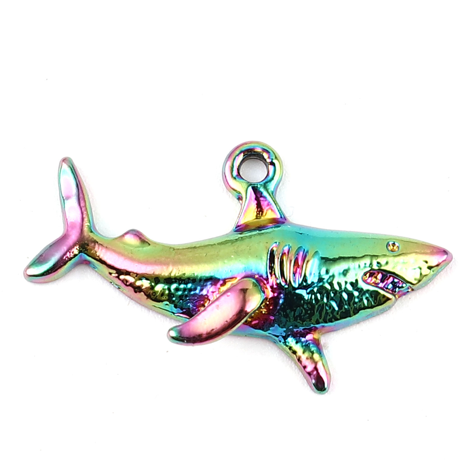 Bild von Zinklegierung Ozean Schmuck Anhänger Haifisch Regenbogenfarbe Plattiert 32mm x 19mm, 3 Stück
