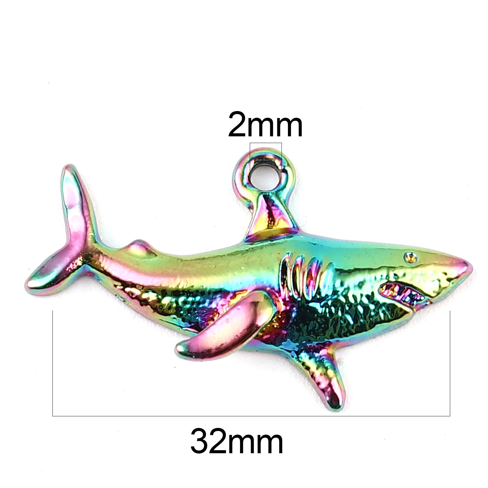 Bild von Zinklegierung Ozean Schmuck Anhänger Haifisch Regenbogenfarbe Plattiert 32mm x 19mm, 3 Stück