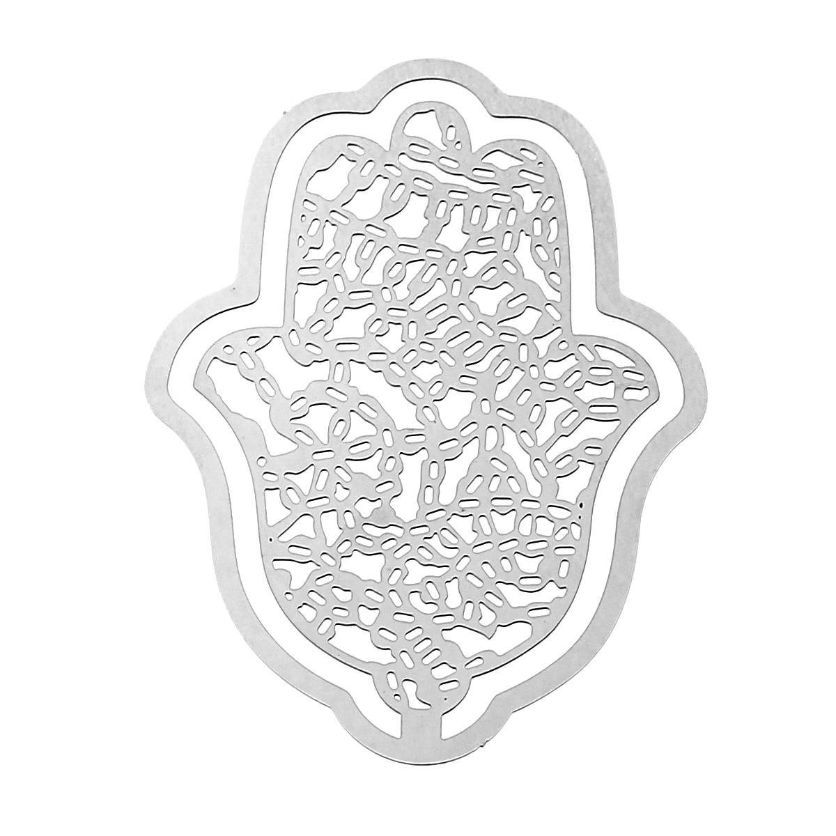 Picture of 304 Stainless Steel Filigree Stamping Embellishments Findings, Hamsa Symbol Hand Silver Tone, Hollow Carved 55mm(2 1/8") x 40mm(1 5/8"), 1 Piece