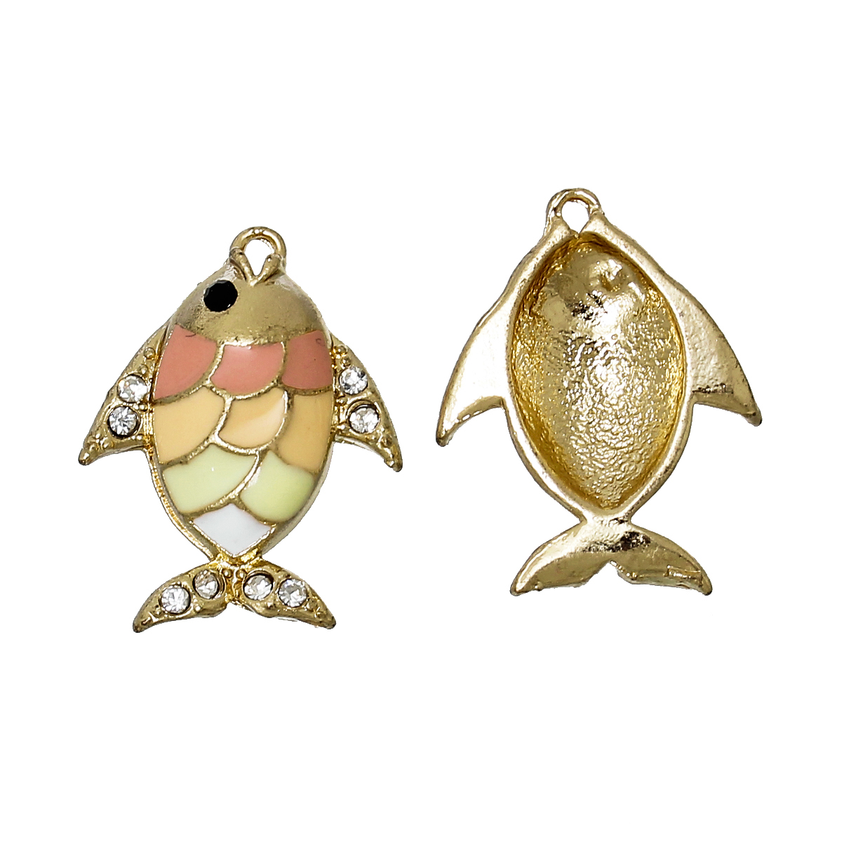 Picture of Zinc Metal Alloy Charms Fish Animal Gold Plated Multicolor Enamel Clear Rhinestone 20mm( 6/8") x 16mm( 5/8"), 5 PCs