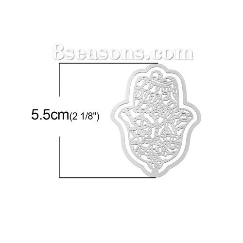 Picture of 304 Stainless Steel Filigree Stamping Embellishments Findings, Hamsa Symbol Hand Silver Tone, Hollow Carved 55mm(2 1/8") x 40mm(1 5/8"), 1 Piece