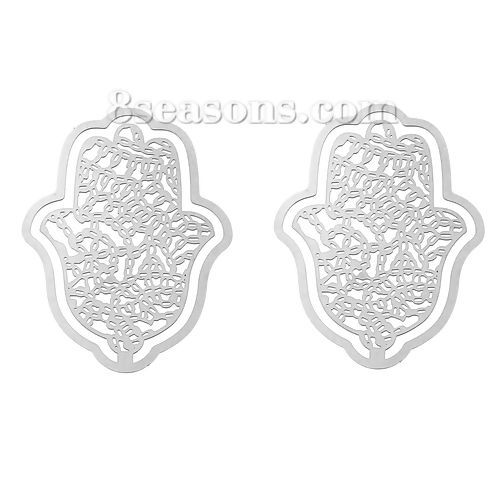 Picture of 304 Stainless Steel Filigree Stamping Embellishments Findings, Hamsa Symbol Hand Silver Tone, Hollow Carved 55mm(2 1/8") x 40mm(1 5/8"), 1 Piece