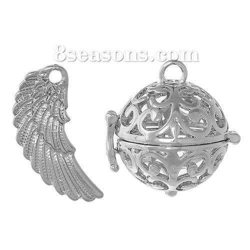 Picture of Brass Mexican Angel Caller Bola Harmony Ball Wish Box Pendants Round Wing Silver Tone Pattern Hollow Can Open (Fit Bead Size: 16mm) 31mm x15mm(1 2/8" x 5/8") 26mm x26mm(1" x1"), 1 Set