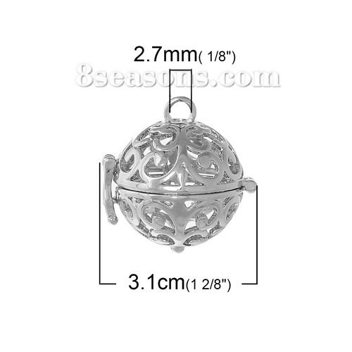 Picture of Brass Mexican Angel Caller Bola Harmony Ball Wish Box Pendants Round Wing Silver Tone Pattern Hollow Can Open (Fit Bead Size: 16mm) 31mm x15mm(1 2/8" x 5/8") 26mm x26mm(1" x1"), 1 Set