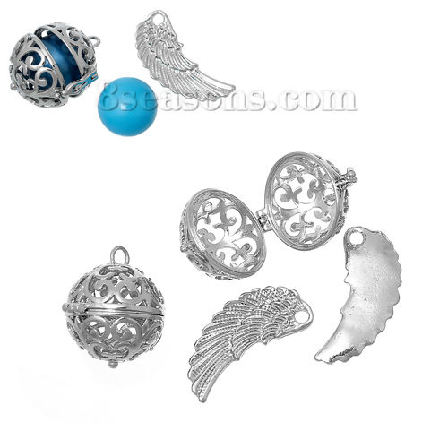Picture of Brass Mexican Angel Caller Bola Harmony Ball Wish Box Pendants Round Wing Silver Tone Pattern Hollow Can Open (Fit Bead Size: 16mm) 31mm x15mm(1 2/8" x 5/8") 26mm x26mm(1" x1"), 1 Set