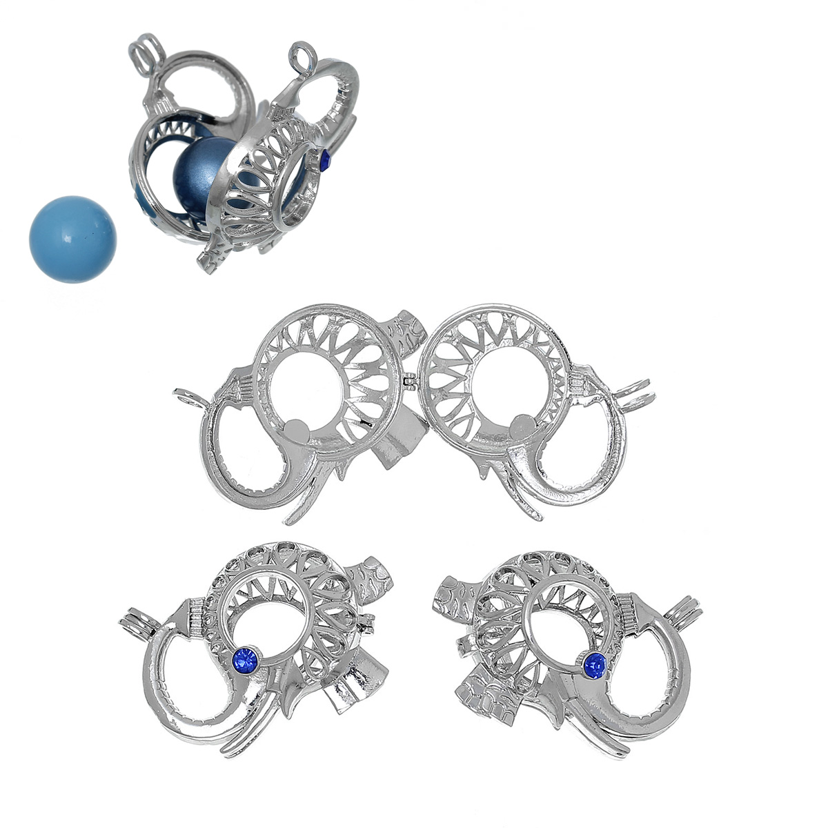 Imagen de Latón Colgantes Mexicano Bola/llamada Ángel/Harmony Ball/llamador de Ángel Elefante Tono de Plata Azul Rhinestone Real Hueco (Tamaño Cuenta Adaptado 18mm) 45mm x 38mm, 1 Unidad
