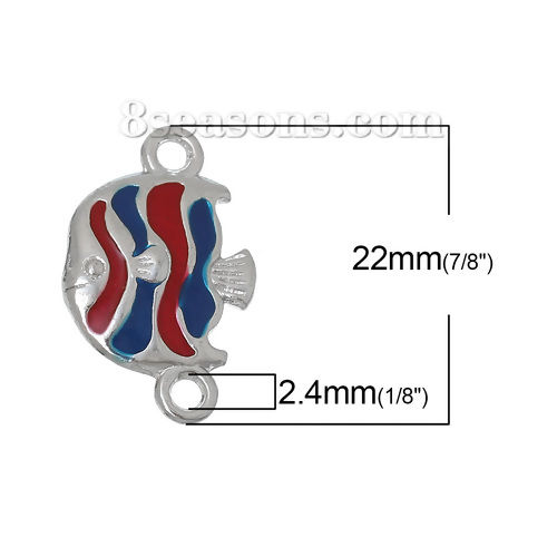 Picture of Ocean Jewelry Zinc Based Alloy Connectors Findings Tropical Fish Animal Silver Tone Red & Blue Enamel 24mm(1") x 15mm(5/8"), 10 PCs