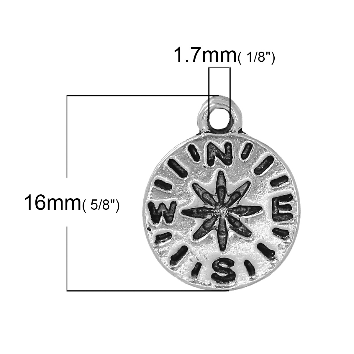 Picture of Zinc Based Alloy Disc Charms Travel Compass Antique Silver Color 16mm( 5/8") x 13mm( 4/8"), 30 PCs