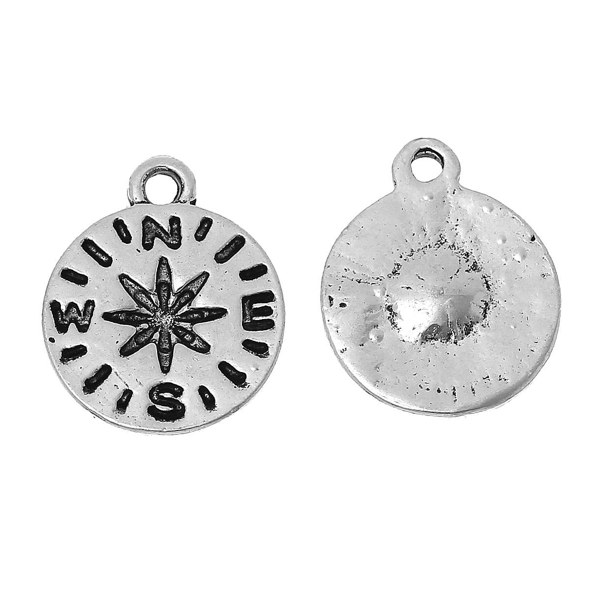 Picture of Zinc Based Alloy Disc Charms Travel Compass Antique Silver Color 16mm( 5/8") x 13mm( 4/8"), 30 PCs