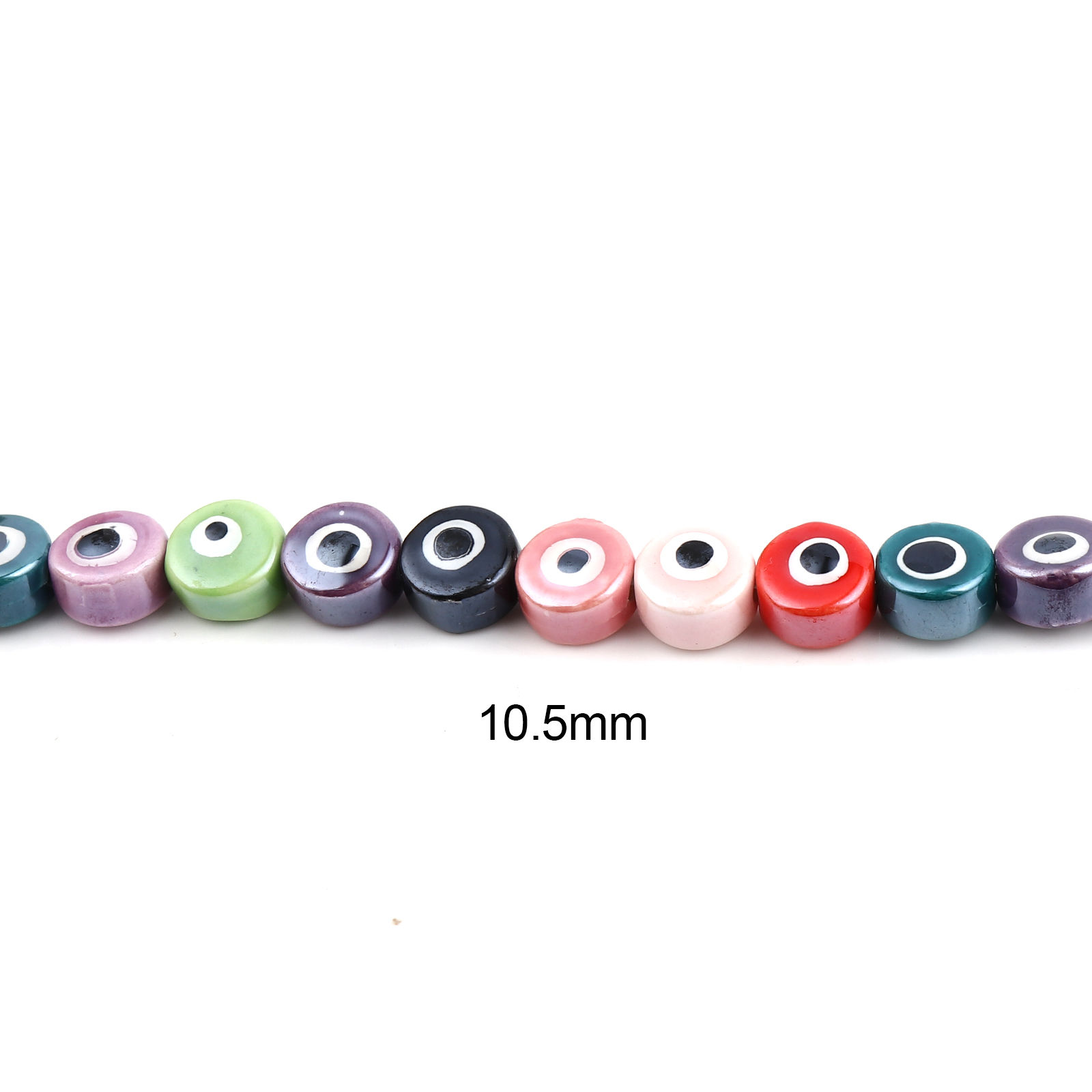 Picture of Ceramic Religious Beads Flat Round At Random Color Mixed Evil Eye About 10.5mm Dia, Hole: Approx 2.2mm, 31cm(12 2/8") long, 1 Strand (Approx 30 PCs/Strand)