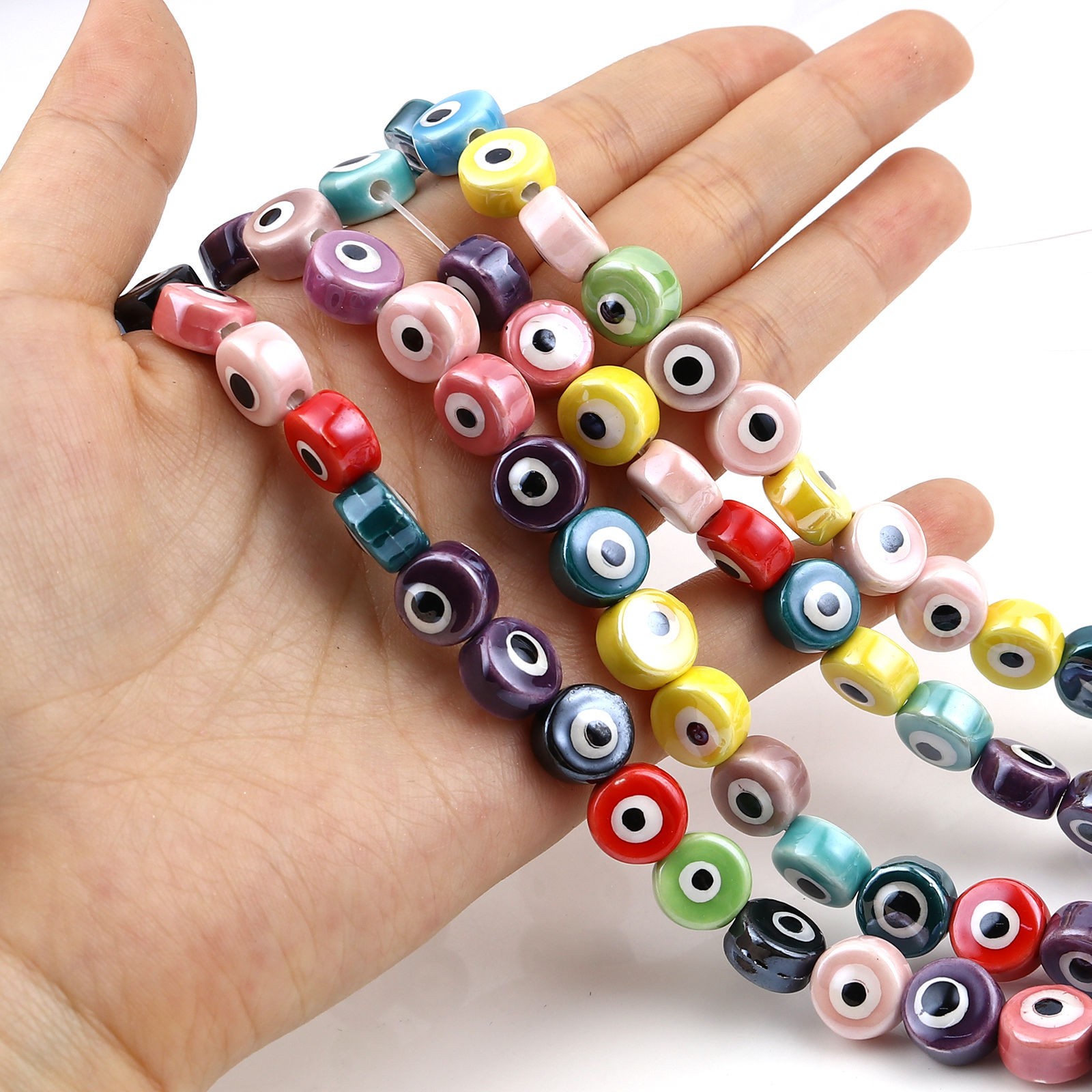 Picture of Ceramic Religious Beads Flat Round At Random Color Mixed Evil Eye About 10.5mm Dia, Hole: Approx 2.2mm, 31cm(12 2/8") long, 1 Strand (Approx 30 PCs/Strand)