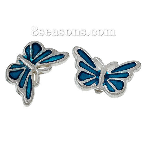 Picture of Spacer Beads Butterfly Blue Silver Plated Enamel About 17mm x 10mm, 5 PCs