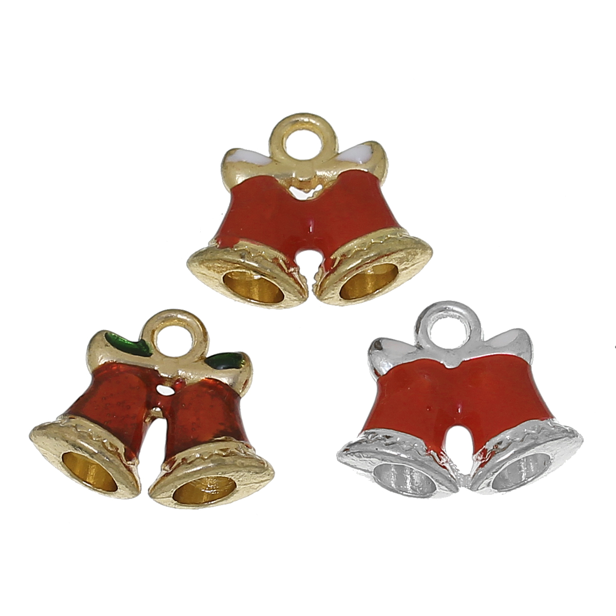 Picture of Zinc Metal Alloy Charms Christmas Jingle Bell Bowknot Carved At Random Mixed Enamel 16mm( 5/8") x 14mm( 4/8"), 10 PCs