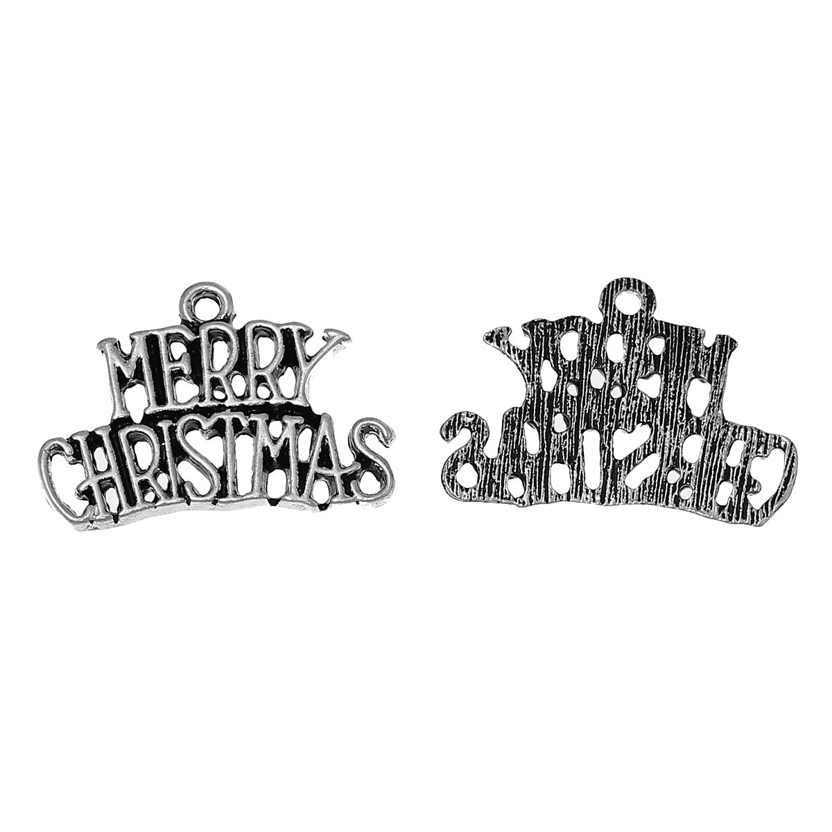 Picture of Zinc Metal Alloy Charms Message " Merry Christmas " Antique Silver Color 25mm(1") x 17mm( 5/8"), 10 PCs