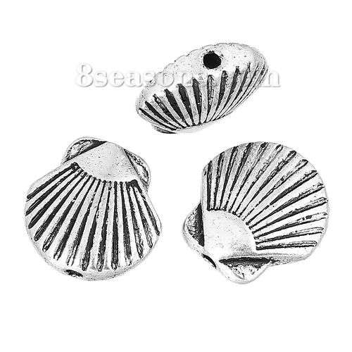 Picture of Spacer Beads Shell Antique Silver Color Stripe Carved About 13mm x 13mm, Hole:Approx 1.2mm, 50 PCs