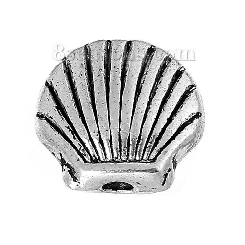 Picture of Spacer Beads Shell Antique Silver Color Stripe Carved About 9mm x 8mm, Hole:Approx 1.4mm, 100 PCs