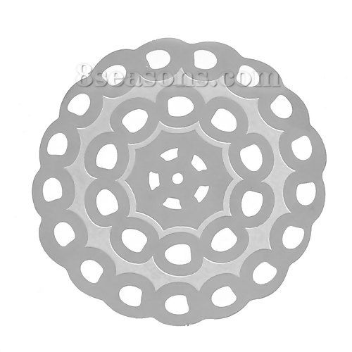 Picture of 304 Stainless Steel Filigree Stamping Embellishments Findings, Round Silver Tone, Flower Hollow Carved 4.9cm(1 7/8") Dia, 10 PCs