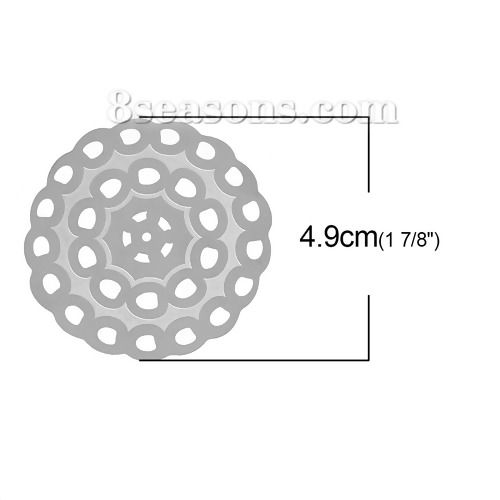 Picture of 304 Stainless Steel Filigree Stamping Embellishments Findings, Round Silver Tone, Flower Hollow Carved 4.9cm(1 7/8") Dia, 10 PCs