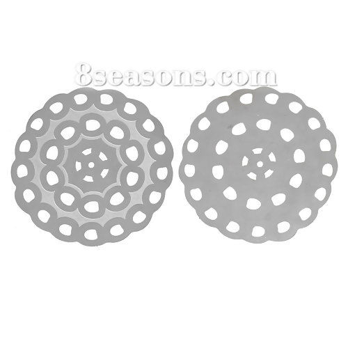 Picture of 304 Stainless Steel Filigree Stamping Embellishments Findings, Round Silver Tone, Flower Hollow Carved 4.9cm(1 7/8") Dia, 10 PCs