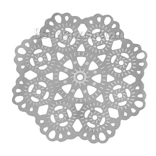 Picture of 304 Stainless Steel Filigree Stamping Embellishments Findings, Flower Silver Tone, Flower Hollow Carved 5.5cm(2 1/8") x 5.5cm(2 1/8"), 10 PCs