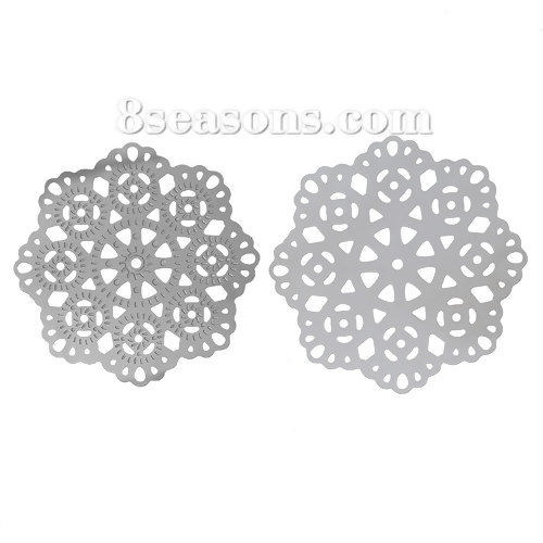 Picture of 304 Stainless Steel Filigree Stamping Embellishments Findings, Flower Silver Tone, Flower Hollow Carved 5.5cm(2 1/8") x 5.5cm(2 1/8"), 10 PCs