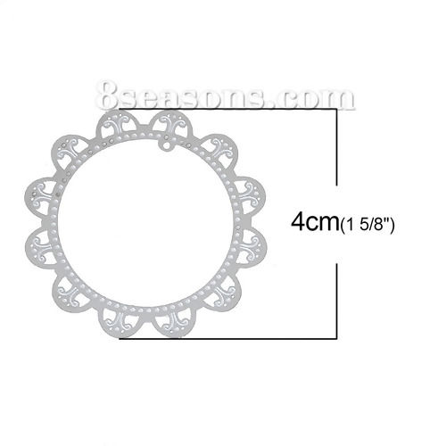 Picture of 304 Stainless Steel Filigree Stamping Embellishments Findings, Round Silver Tone, Flower Hollow Carved 4cm(1 5/8") Dia, 10 PCs