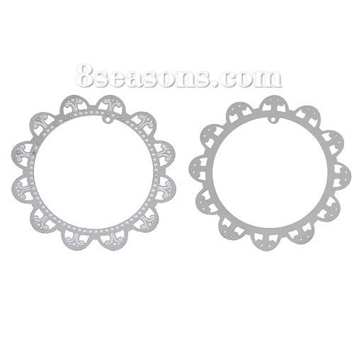 Picture of 304 Stainless Steel Filigree Stamping Embellishments Findings, Round Silver Tone, Flower Hollow Carved 4cm(1 5/8") Dia, 10 PCs