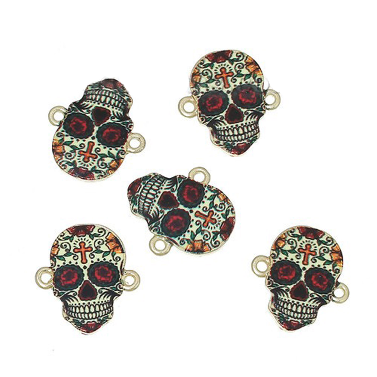 Immagine di Lega di Zinco Giorno dei Morti Connettore Accessori Teschio di zucchero Cranio Oro Chiaro Multicolore Croce Disegno 20mm x 18mm, 10 Pz