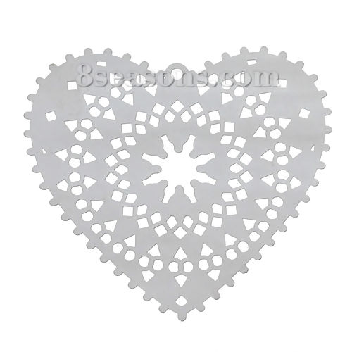 Image de Pendentifs Estampe en Filigrane Creux en 304 Acier Inoxydable Cœur Fleurs Gravé Argent Mat 50mm x 48mm, 10 Pcs