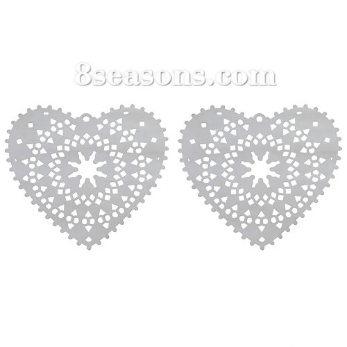 Image de Pendentifs Estampe en Filigrane Creux en 304 Acier Inoxydable Cœur Fleurs Gravé Argent Mat 50mm x 48mm, 10 Pcs