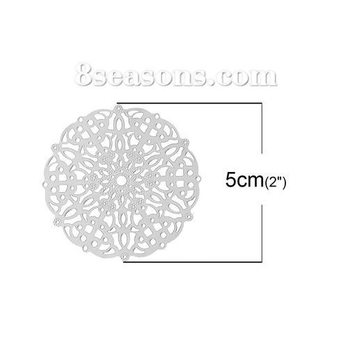 Picture of 304 Stainless Steel Filigree Stamping Embellishments Findings, Flower Silver Tone, Hollow Carved 50mm(2") x 50mm(2"), 10 PCs
